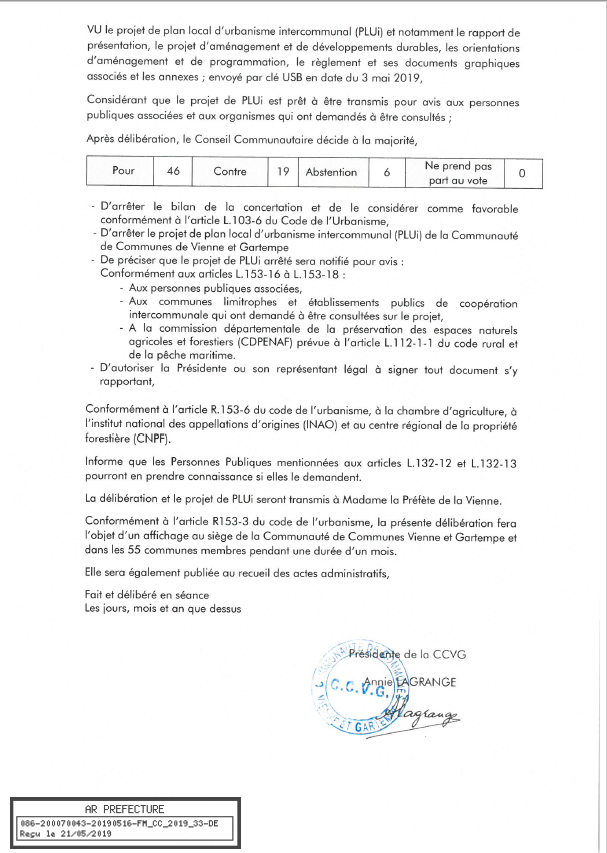 Extrait du Compte-Rendu de la Délibération du Conseil Communautaire de la Communauté de Communes Vienne & Gartempe du 16 Mai 2019, qui devrait être affiché en Mairie de Valdivienne pour une durée d'un mois.